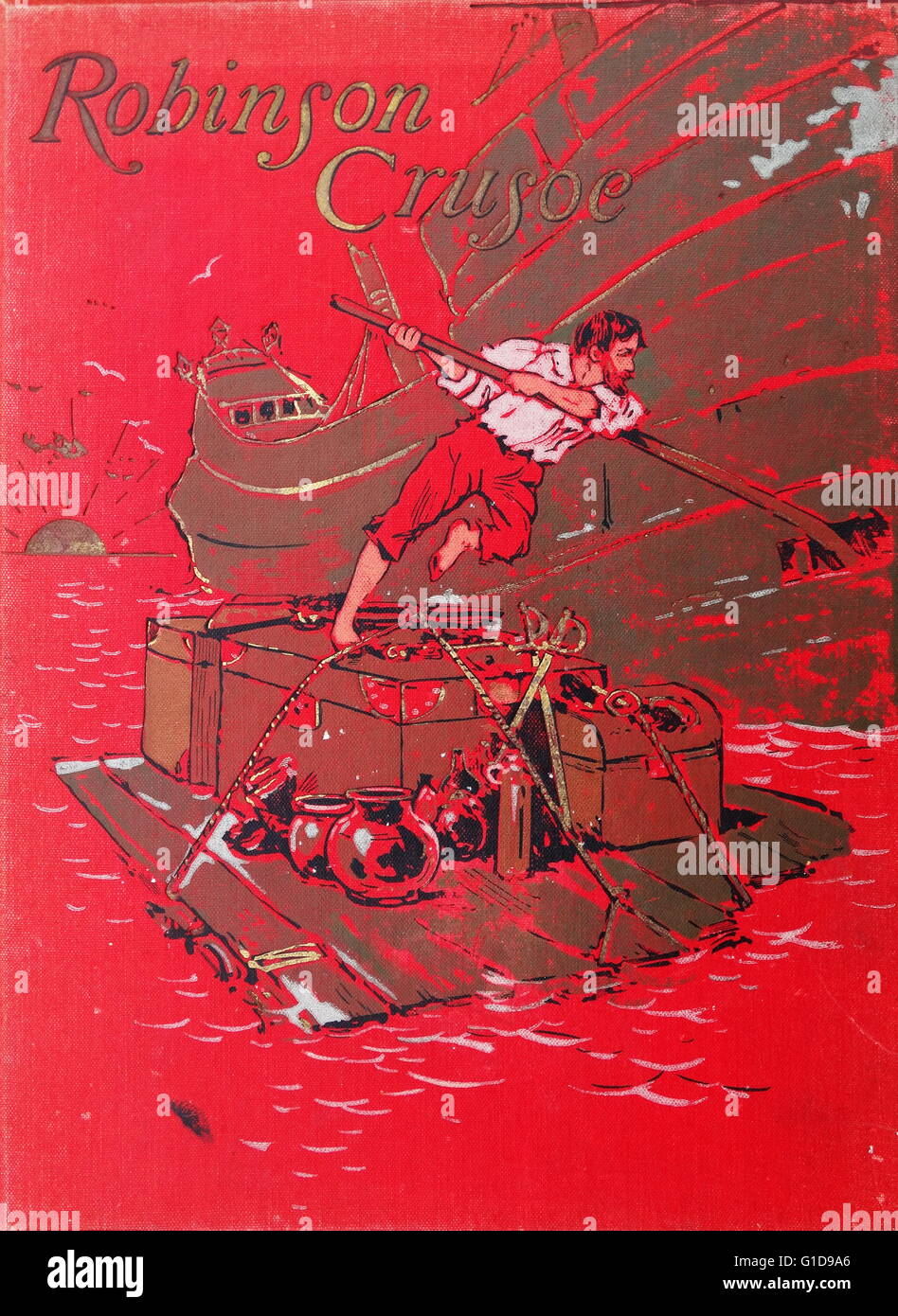 Vordere Abdeckung Abbildung bilden die illustrierte Version von Robinson Crusoe von Daniel Defoe 1895. Robin Crusoe erzählt die Geschichte eines Explorer-Schiff zerstört, auf einer Insel, wo er viele Herausforderungen zu überleben muss. Stockfoto