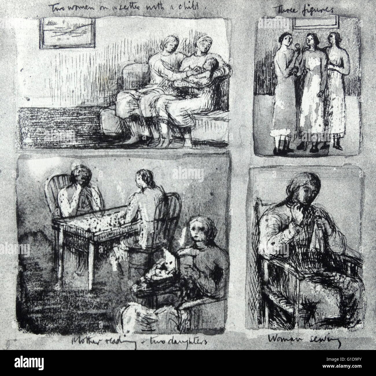 Vier Skizzen von dem britischen Künstler und Bildhauer Henry Moore 1898-1986. Die Bilder zeigen häusliche Szenen und reichen bis in die 1930er Jahre. Stockfoto