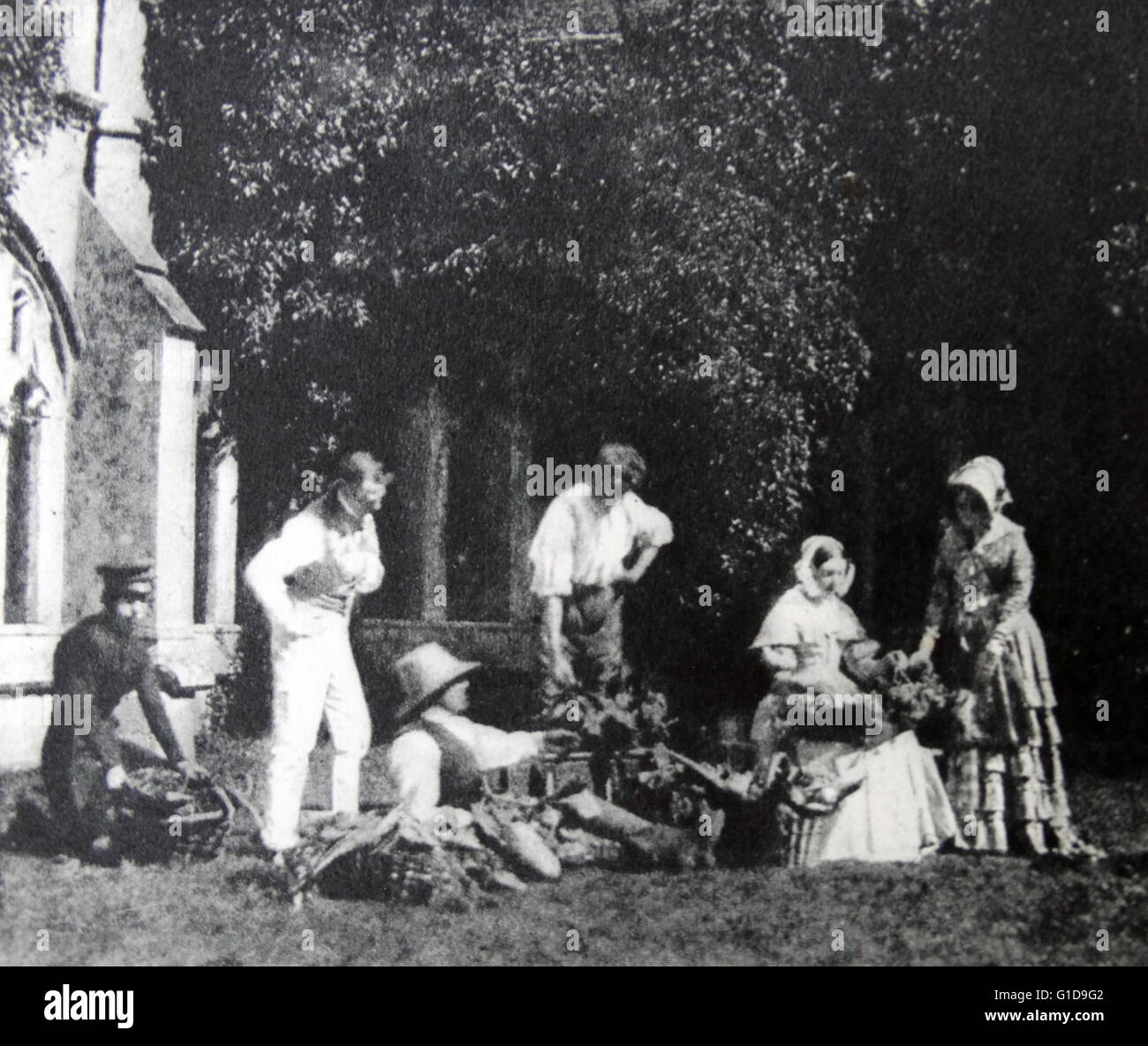 Obstverkäufer 1845, Gruppe Laycock Abtei von William Henry Fox Talbot 1800-1877. Stockfoto