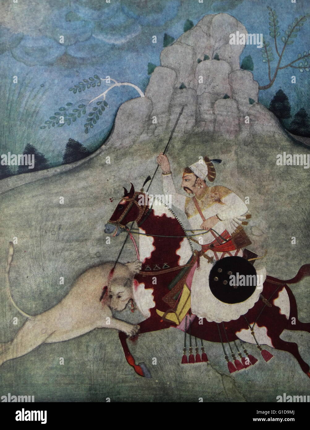 Maharaja Kesari Singh auf dem Pferderücken eine Löwin zu überwinden. Jetzt Lallgarh Palace, Bikaner, Rajasthan, Bikaner, ca. 1715-20 Stockfoto
