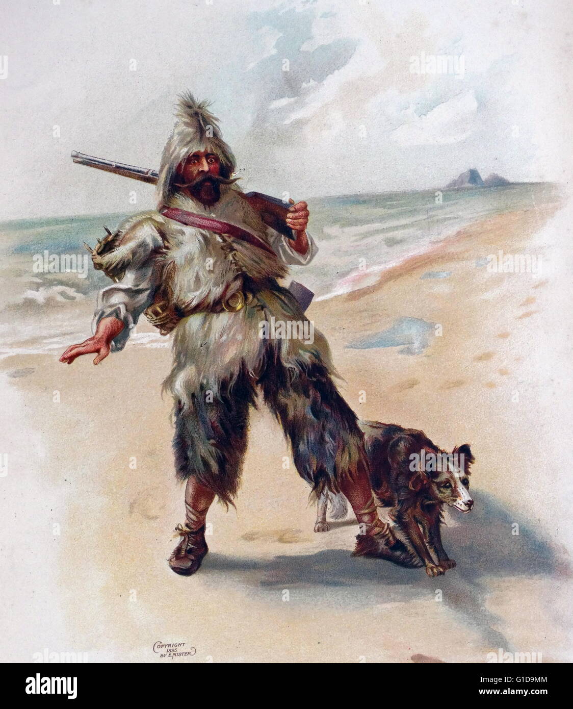 Abbildung aus dem Jahre 1895 Version des Robinson Crusoe von Daniel Defoe. Robinson Crusoe erzählt die Geschichte eines Explorer-Schiff zerstört, auf einer Insel, wo er viele Herausforderungen zu überleben muss. Stockfoto