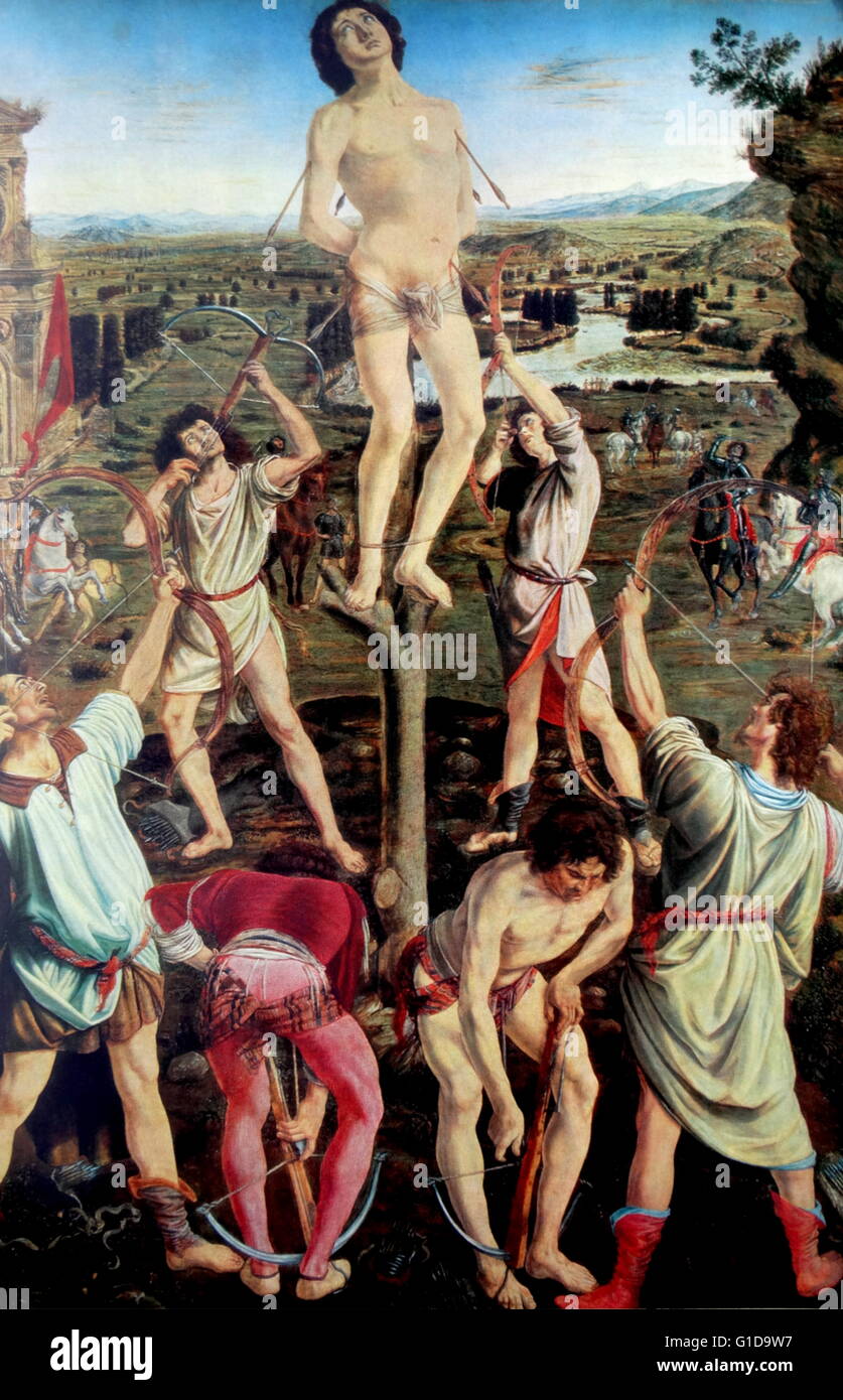 Das Martyrium des Heiligen Sebastian ist ein Werk von Piero del Pollaiuolo, im Auftrag von der florentinischen Pucci-Familie. 1475 Stockfoto