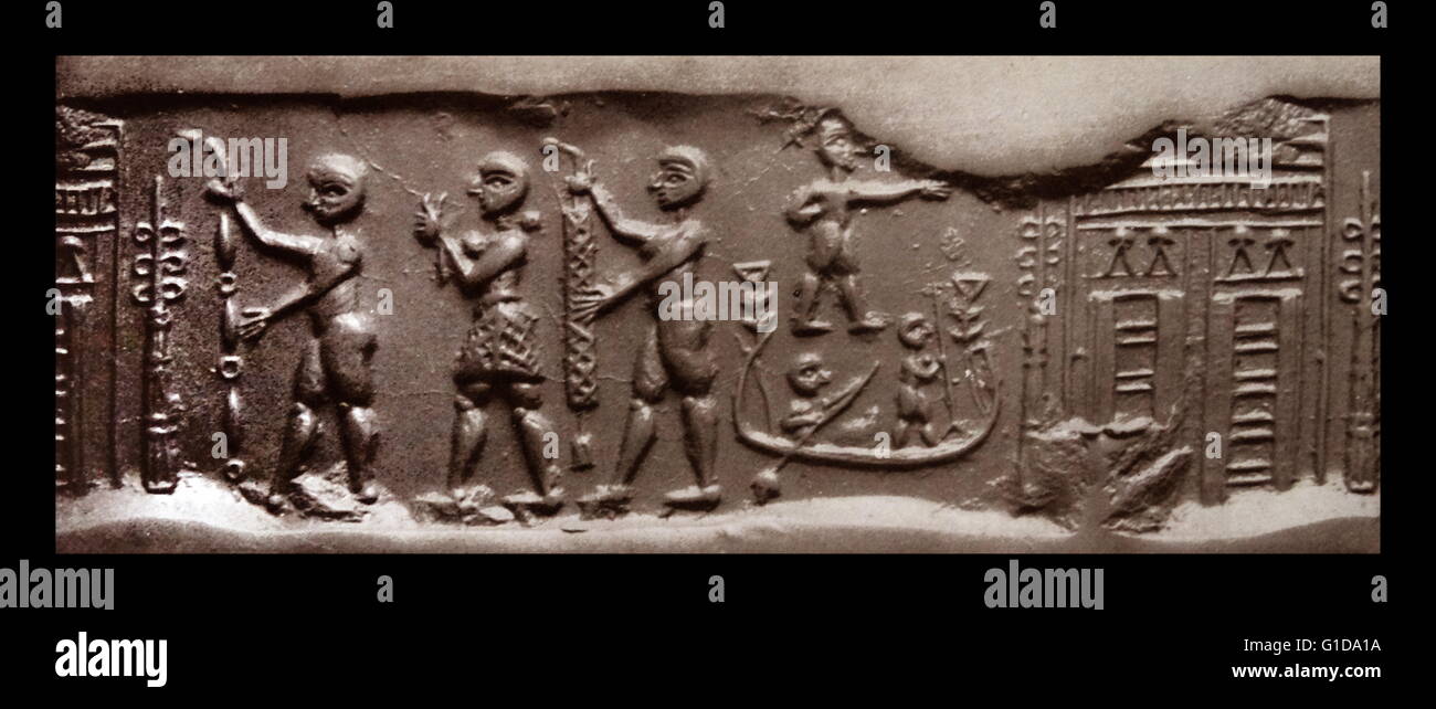 Eindruck von ein Rollsiegel aus sagen, Billa, die zwei kultische Szenen mit einer Bootsfahrt und einer Prozession zu einem Tempel zeigt, ist von der irakischen Nationalmuseum-Sammlung fehlen. Der Artikel geht auf 3000 v. Chr. Stockfoto
