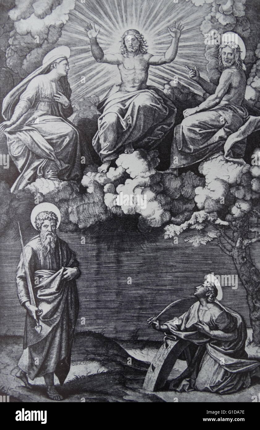 Marcantonio Raimondi, fünf Heiligen. Marcantonio Raimondi, auch einfach Marcantonio (c. 1480 – c. 1534) war ein italienischer Graveur, bekannt als die erste wichtige Grafiker, dessen Körper der Arbeit besteht hauptsächlich aus druckt Bilder kopieren Stockfoto