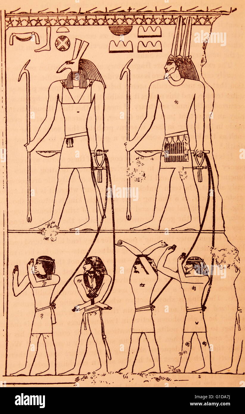 Zeichnung aus einem ägyptischen Tempel, Götter mit ausländischen Gefangenen darstellen Stockfoto
