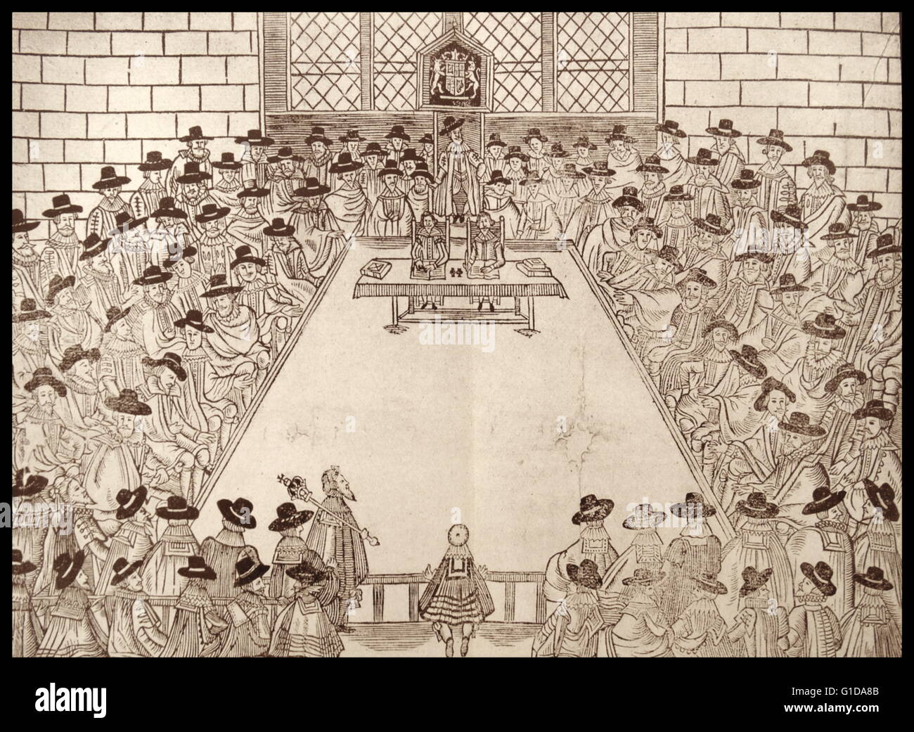 Sitzung des englischen Parlaments unter dem Lautsprecher Sir John Finch 1627 (Holzschnitt). Stockfoto