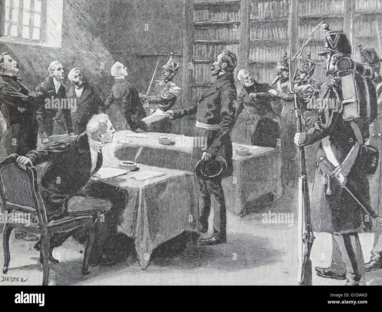 Der französische Coup D'État des 5. Dezember 1851 war ein selbst-Coup inszeniert von Prinz Louis-Napoléon Bonaparte (damals Präsident der zweiten Republik). Es endete mit der erfolgreichen Auflösung von der französischen Nationalversammlung und die anschließende Wiederherstellung der im französischen Kaiserreich im nächsten Jahr. Wenn er die Aussicht, Büro im Jahre 1852 verlassen konfrontiert, inszeniert Louis-Napoléon (Neffe des Napoléon Bonaparte) den Coup um im Amt bleiben und seine Reformprogramme implementieren Stockfoto