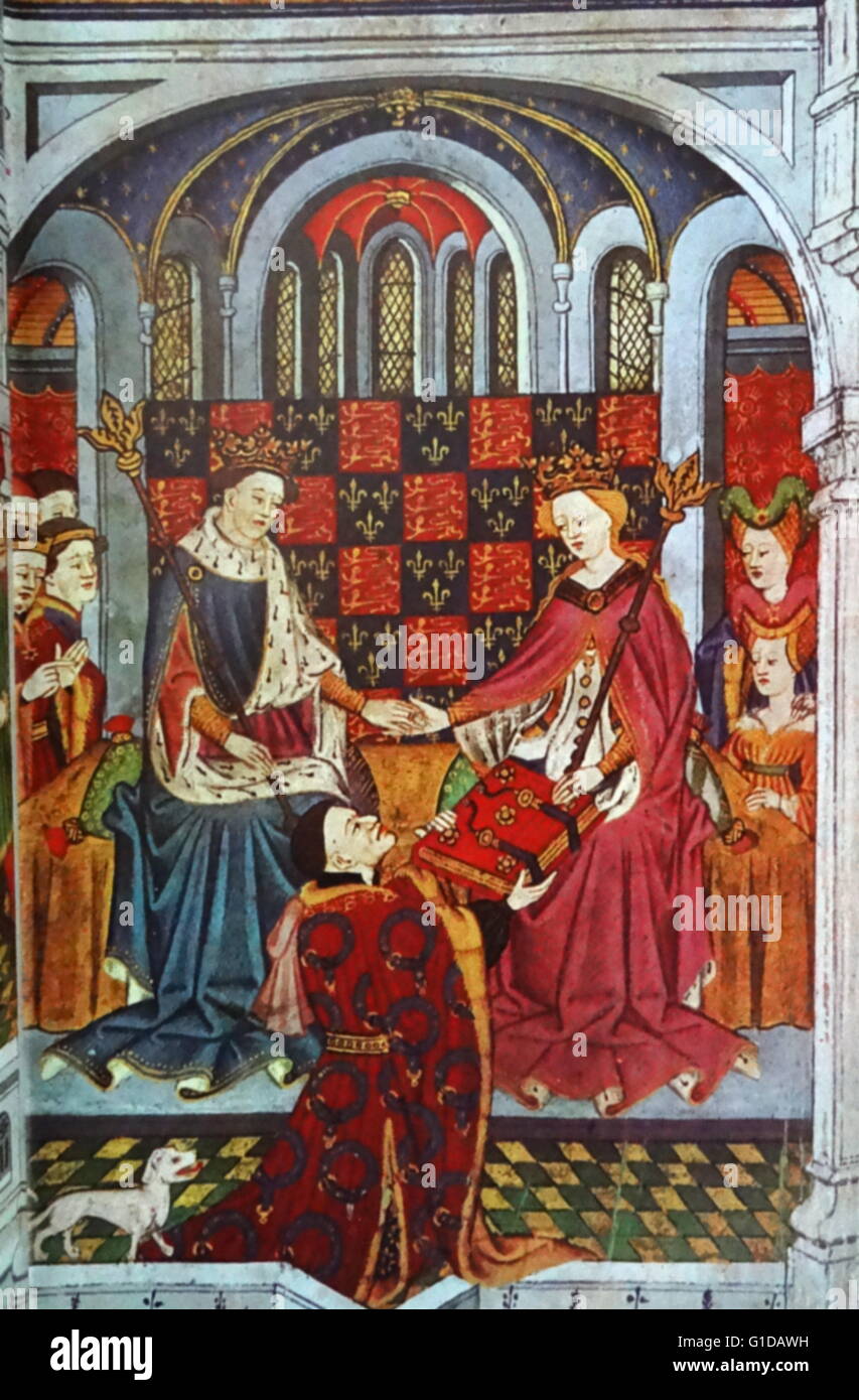 Heinrich VI. und Margaret von Anjou mit ihrer Höflinge. John Talbot, Earl of Shrewsbury kniet vor der Königin, sie mit einem Buch zu präsentieren. Stockfoto