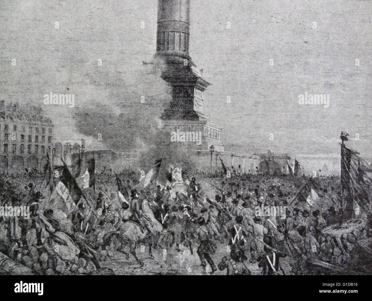 Folge in der Paris-Revolution: brennen den Thron in der Juli-Spalte. Stockfoto