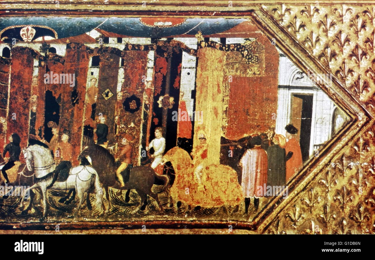 Gemälde, die Loggia dei Lanzi in Florenz im 14. Jahrhundert. Auch die Loggia della Signoria genannt, ist ein Gebäude an einer Ecke der Piazza della Signoria Stockfoto