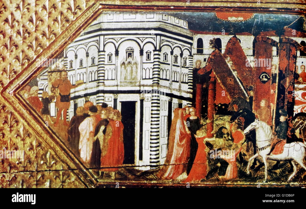 Gemälde, die Loggia dei Lanzi in Florenz im 14. Jahrhundert. Auch die Loggia della Signoria genannt, ist ein Gebäude an einer Ecke der Piazza della Signoria Stockfoto