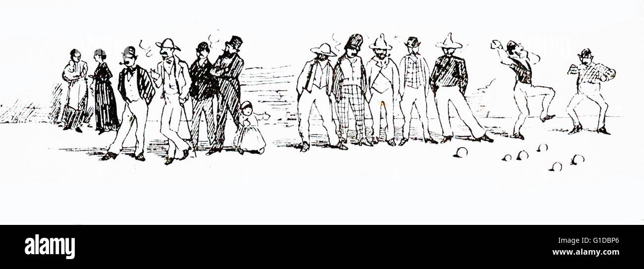 Illustrierte Reise Korrespondenz von Monaco von Randolph Caldecott 1846-1886. Zeigt einheimische Männer Boule oder Boccia zu spielen, als andere Menschen zu Fuß durch c1884 Stockfoto