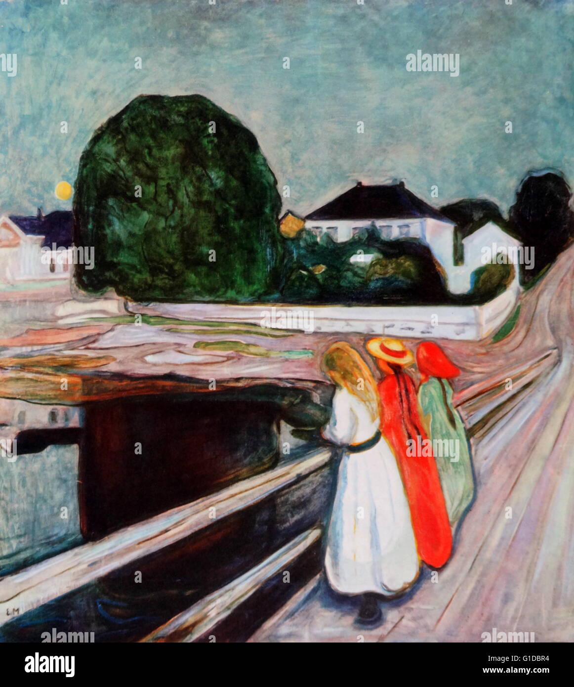 Mädchen auf der Brücke, 1899 von Edvard Munch (1863-1944). Norwegischer Maler und Grafiker, dessen Behandlung von psychologischen Themen auf Symbolik des 19. Jahrhunderts gebaut und deutschen Expressionismus des frühen 20. Jahrhunderts beeinflusst. Stockfoto
