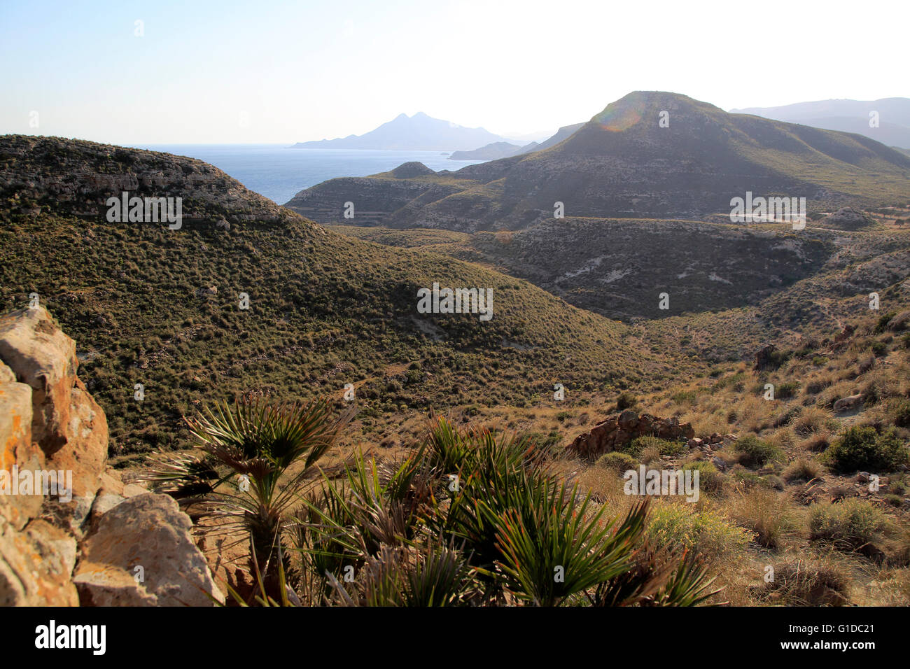 Küsten Blick nach Westen, Rodalquilar, Cabo de Gata Naturpark, Almeria, Spanien Stockfoto