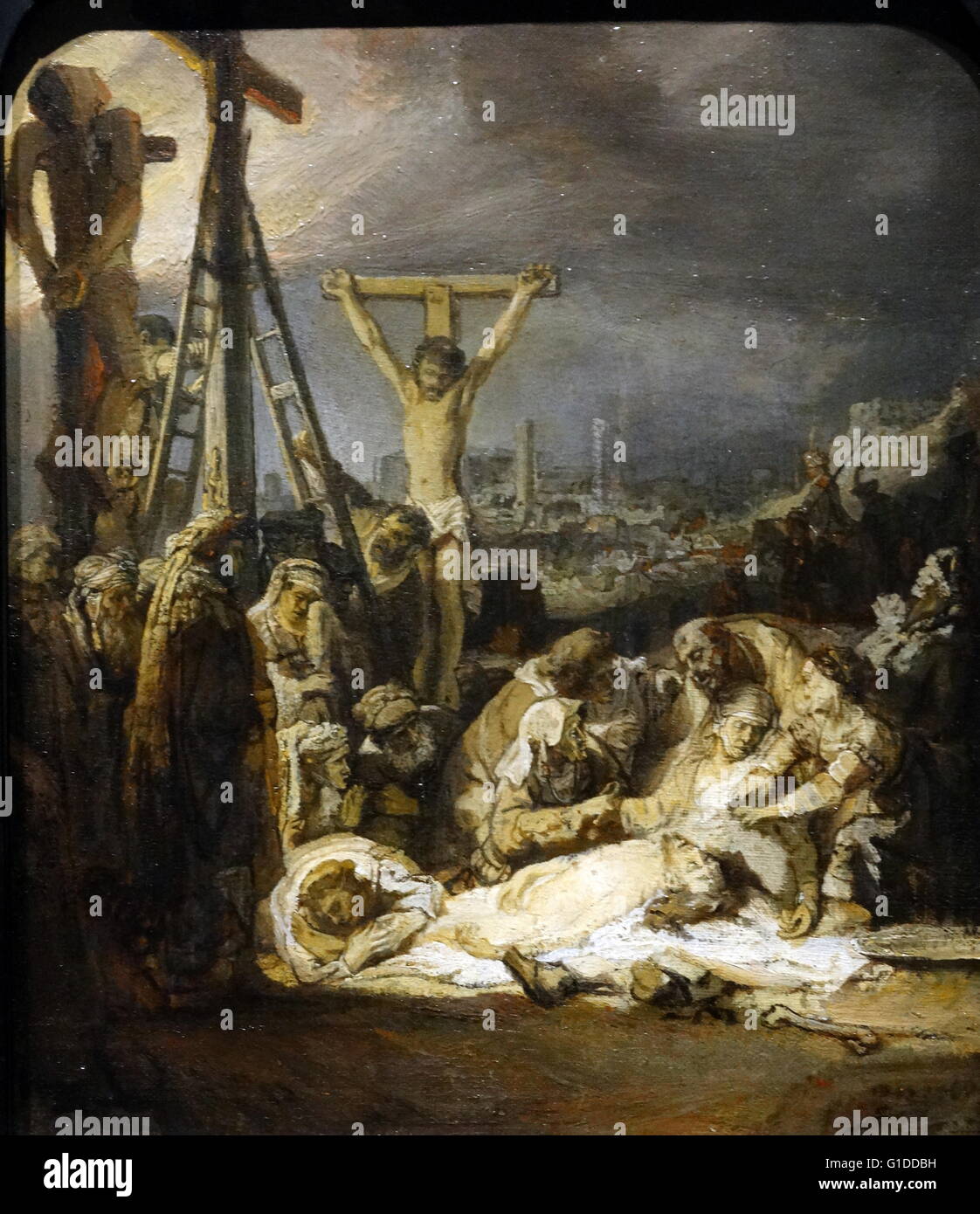 Malerei von mit dem Titel "The Wehklage über dem toten Christ" Rembrandt Harmenszoon van Rijn (1606-1669), niederländischer Maler und Radierer. Vom 17. Jahrhundert Stockfoto