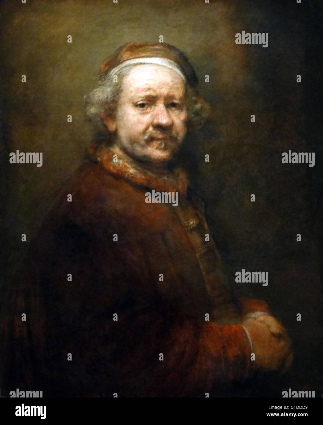 Gemälde mit dem Titel "Selbstbildnis im Alter von 63 Jahren" von Rembrandt Harmenszoon van Rijn (1606-1669) ein niederländischer Maler und Radierer. Vom 17. Jahrhundert Stockfoto