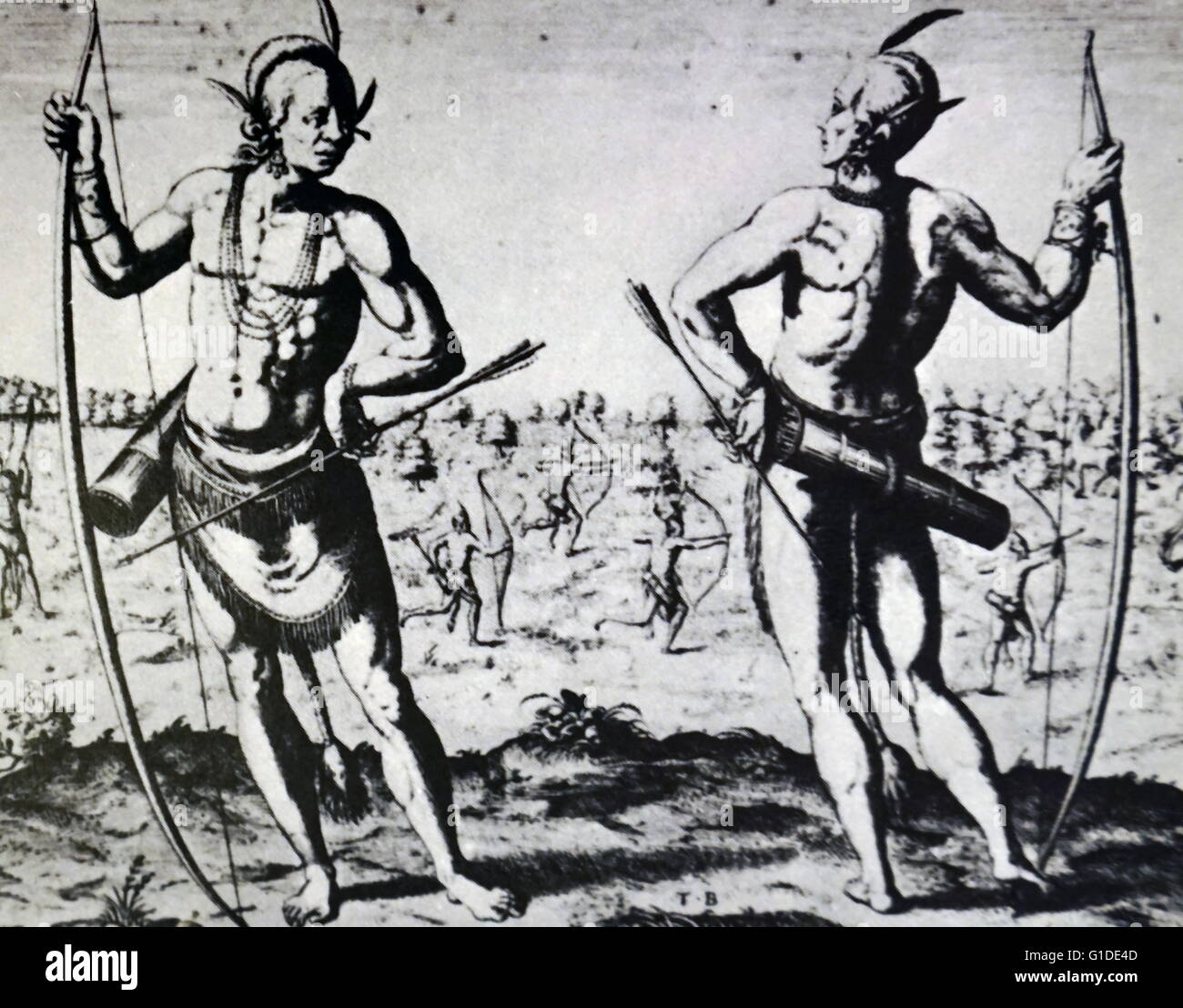Bild von Virginia Eingeborenen und indianischen Krieger von John White (1540-1593) eines Engländers und Pionier der englischen Anstrengungen zur Beilegung von Nordamerika. Datiert aus dem 16. Jahrhundert Stockfoto