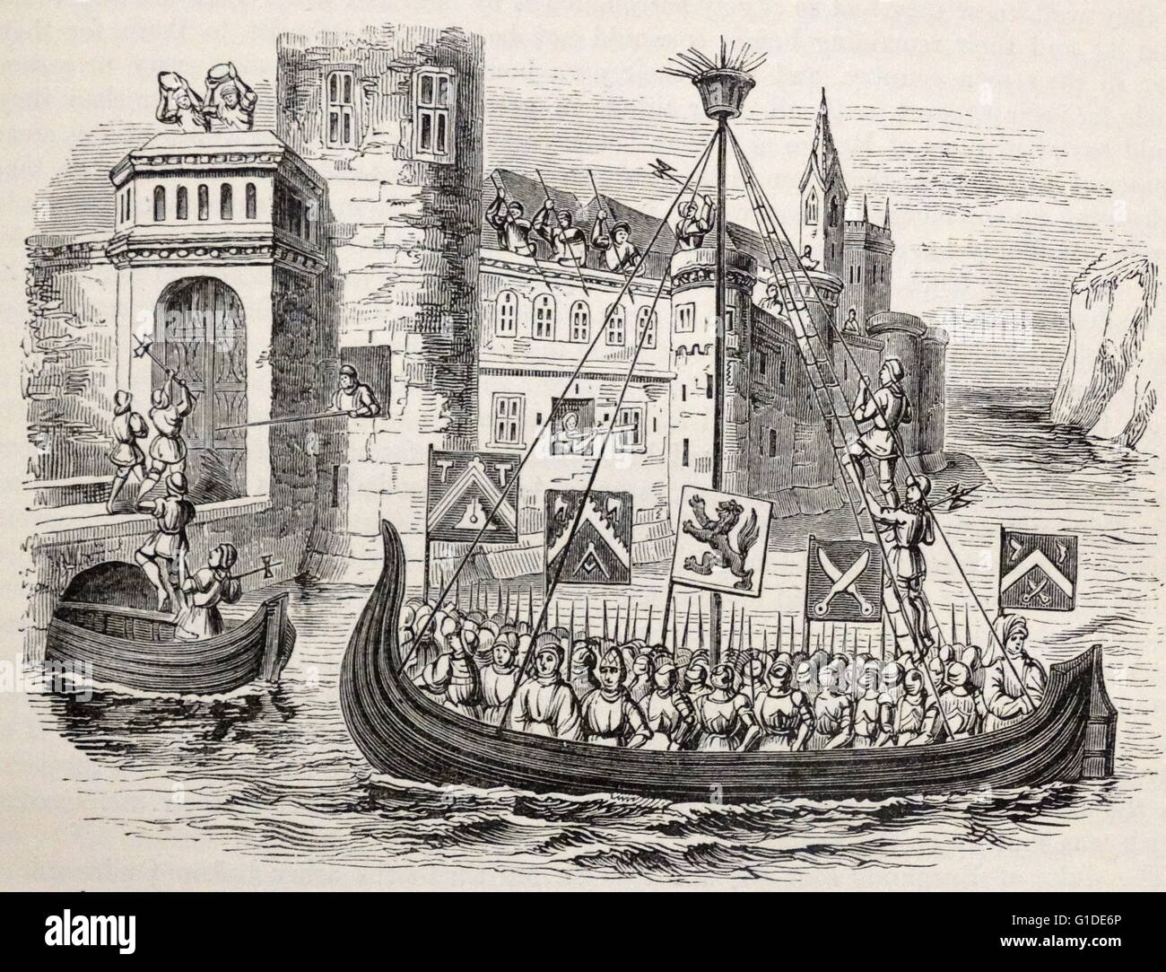 Gravur Darstellung der französischen Armee unter Louis II. von Flandern in Dendremonde ankommen. Vom 14. Jahrhundert Stockfoto