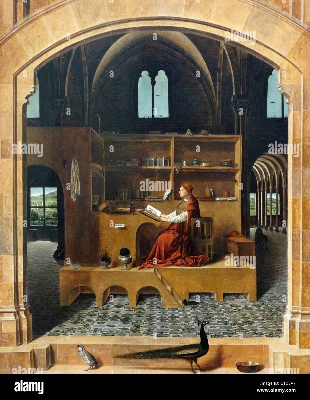 Gemälde mit dem Titel "Der Heilige Hieronymus in seiner Studie" von Antonello da Messina (1430-1479), ein italienischer Maler von Messina, Sizilien. Vom 15. Jahrhundert Stockfoto