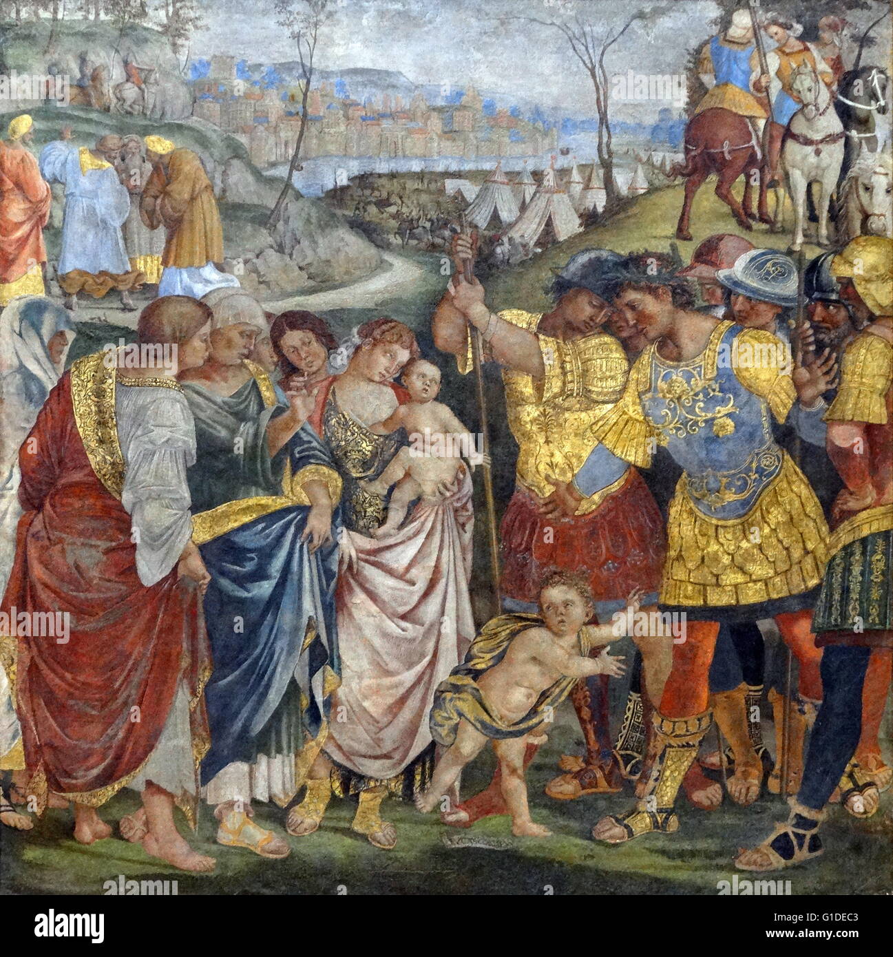 Gemälde mit dem Titel "Coriolanus überzeugt durch seine Familie nach Ersatz Rom" von Luca Signorelli (1440-1523) eines italienischen Renaissance-Maler. Datiert aus dem 16. Jahrhundert Stockfoto