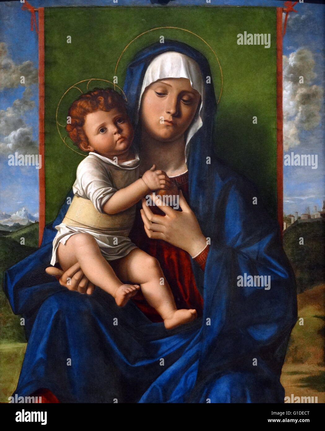 Gemälde mit dem Titel "Die Jungfrau und Kind" von Giovanni Bellini (1430-1516) einer italienischen Renaissance-Malers. Vom 15. Jahrhundert Stockfoto