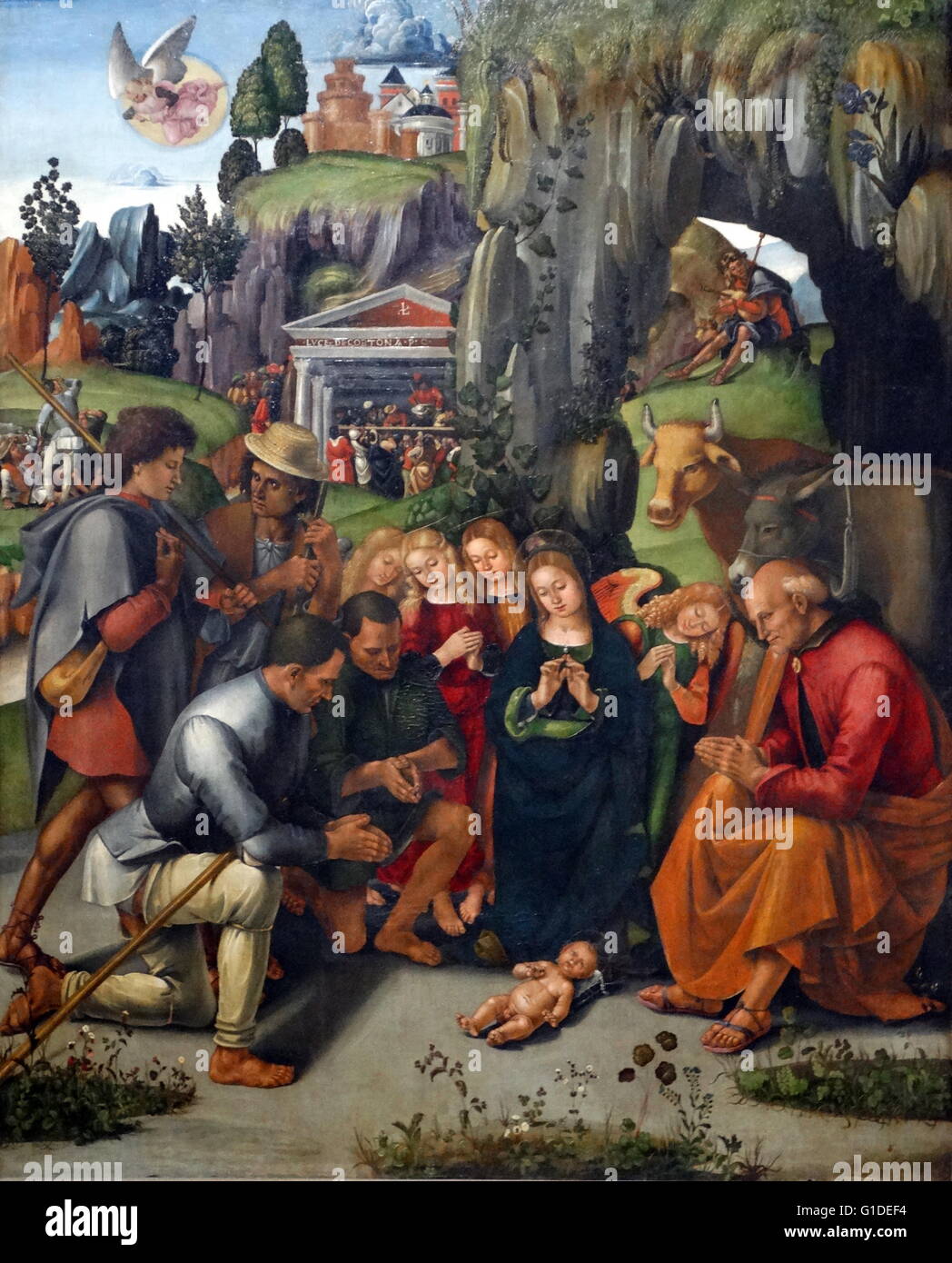 Gemälde mit dem Titel "Die Anbetung der Hirten" von Luca Signorelli (1445-1523) eines italienischen Renaissance-Maler. Vom 15. Jahrhundert Stockfoto