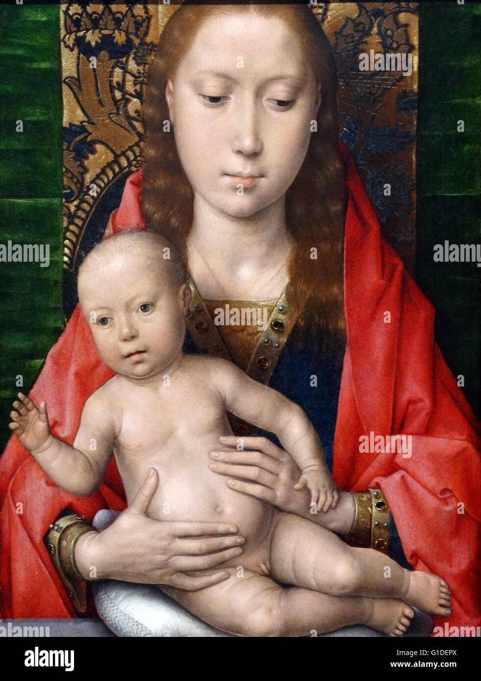Detail aus dem Triptychon Gemälde mit dem Titel "Jungfrau mit Kind" von Hans Memling (1430-1494) Deutsch altniederländischen Maler. Vom 15. Jahrhundert Stockfoto Detail aus dem Triptychon Gemälde mit dem Titel "Jungfrau mit Kind" von Hans Memling (1430-1494) Deutsch altniederländischen Maler. Vom 15. Jahrhundert Stockfoto