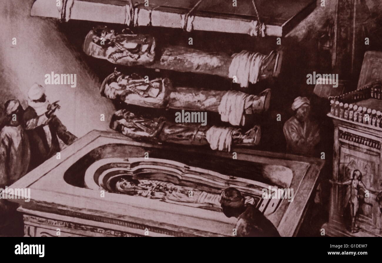 Rekonstruktion der Öffnung des Sarkophags des Tutanchamun, der ägyptische Pharao der 18. Dynastie. Vom 20. Jahrhundert Stockfoto