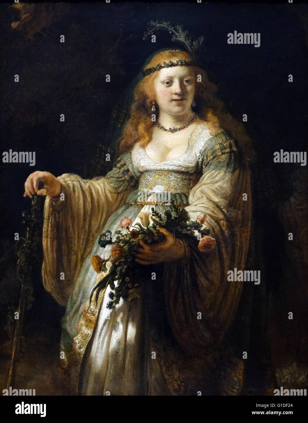 Gemälde mit dem Titel "Saskia van Uylenburgh in arkadischen Kostüm" von Rembrandt Harmenszoon van Rijn (1606-1669), niederländischer Maler und Radierer. Vom 17. Jahrhundert Stockfoto