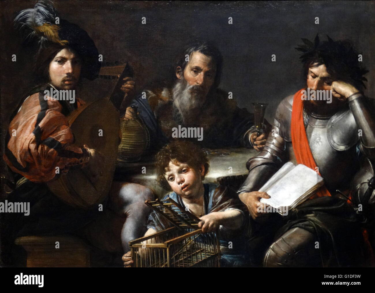 Gemälde mit dem Titel "Die vier Alter des Menschen" von Valentin de Boulogne (1591-1632), französischer Maler des Tenebrismus Stils. Vom 17. Jahrhundert Stockfoto