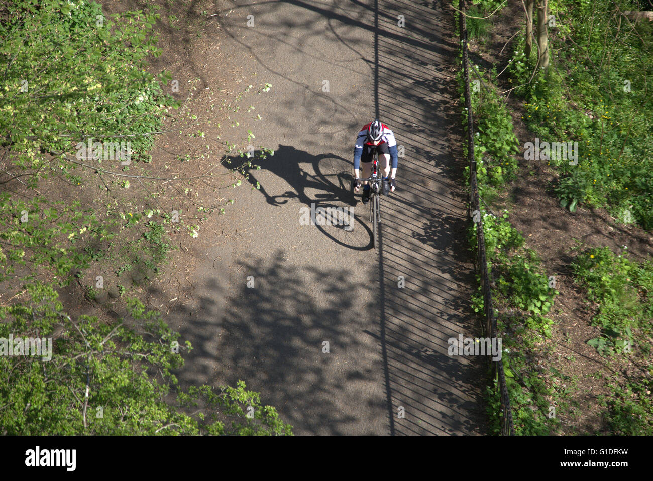 Radfahrer auf dem Fahrrad Fahrrad im Kelvingrove Park geschossen von oben an einem sonnigen Tag, Kelvingrove Park, Stockfoto