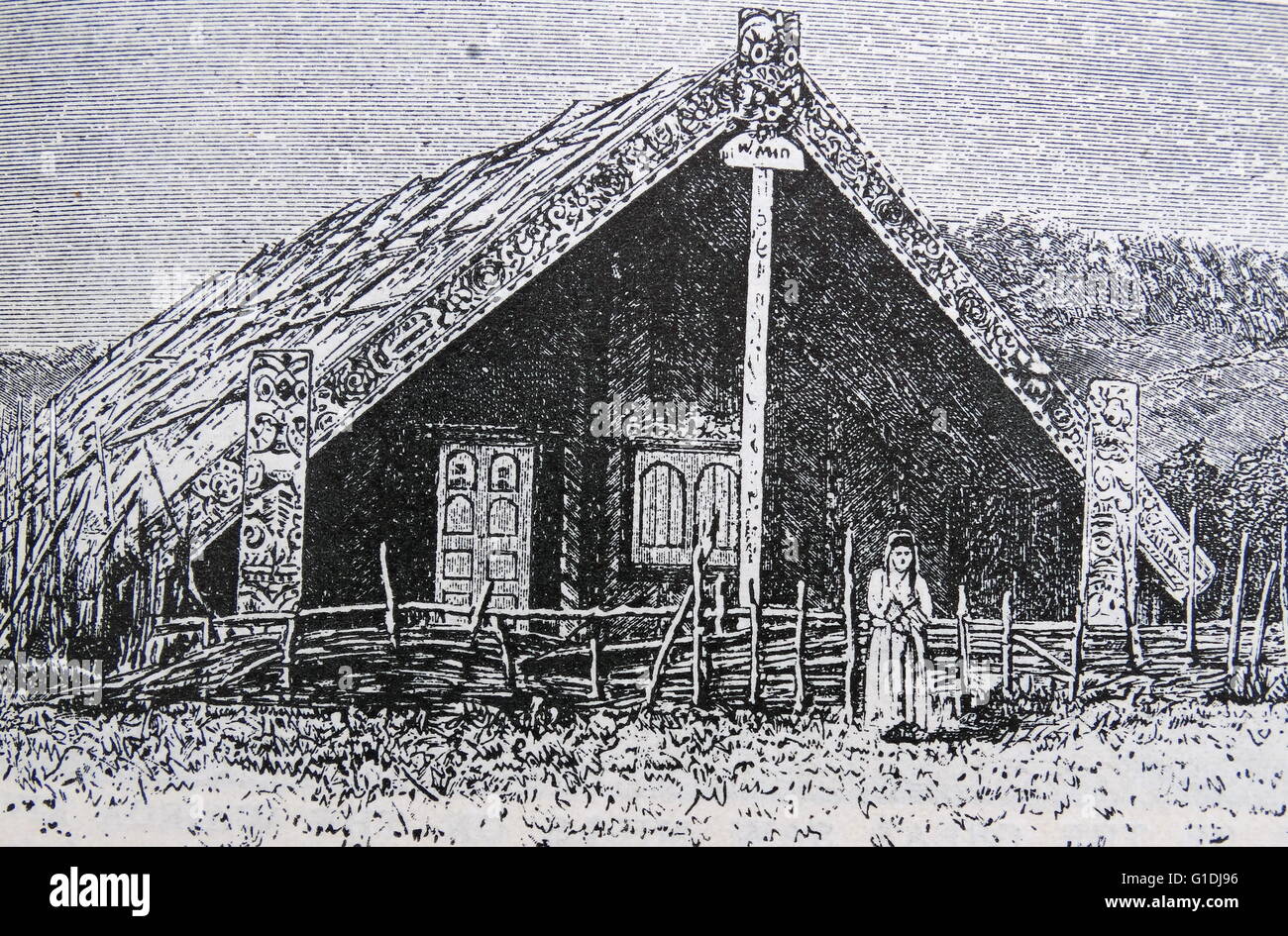 Traditionelle Maori Haus mit geschnitzten Rahmen, New Zealand 1850 Stockfoto