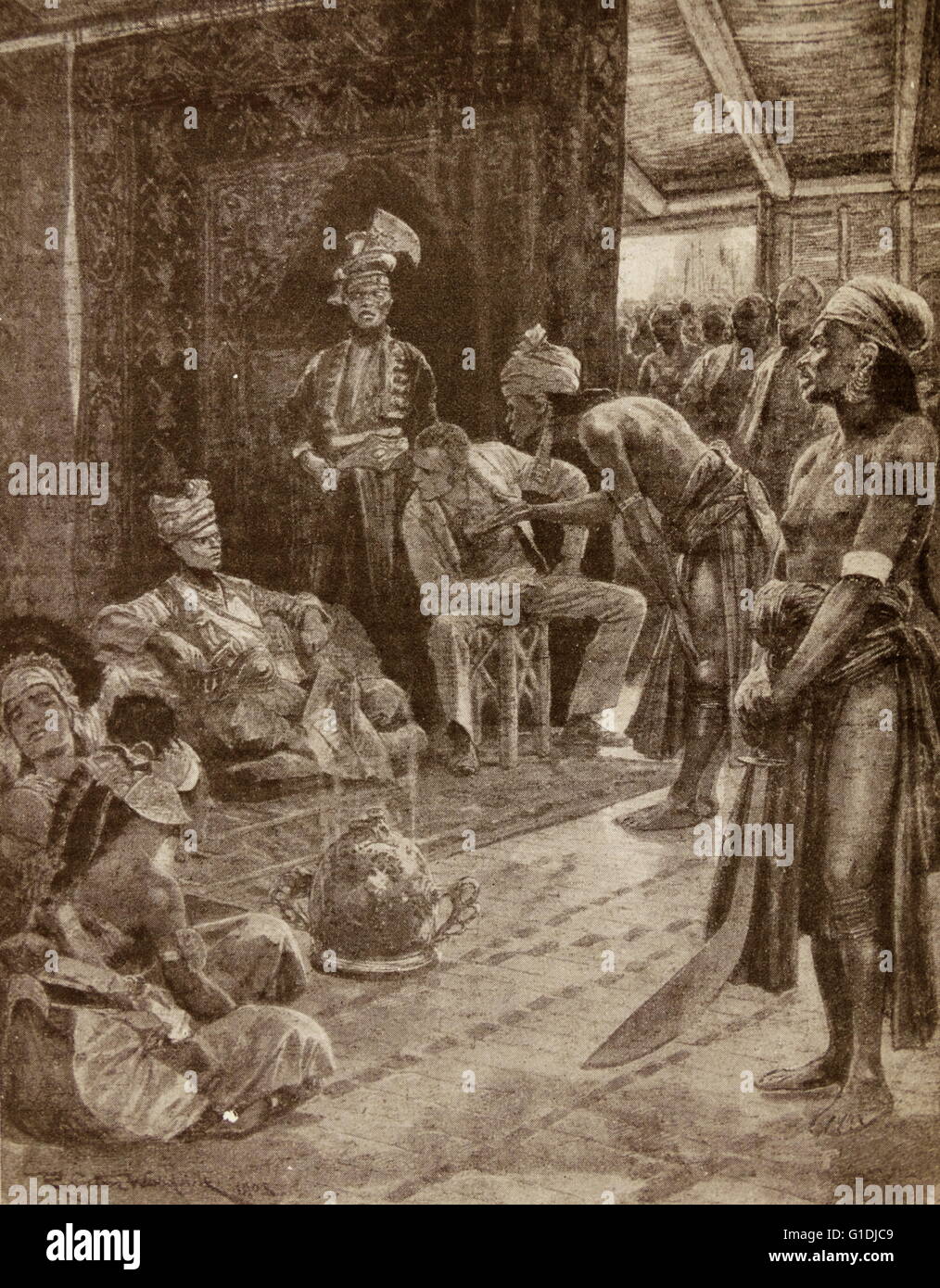 im Jahre 1842 stellt der englische Abenteurer James Brooke Handelsbeziehungen mit der Rajah von Borneo Stockfoto