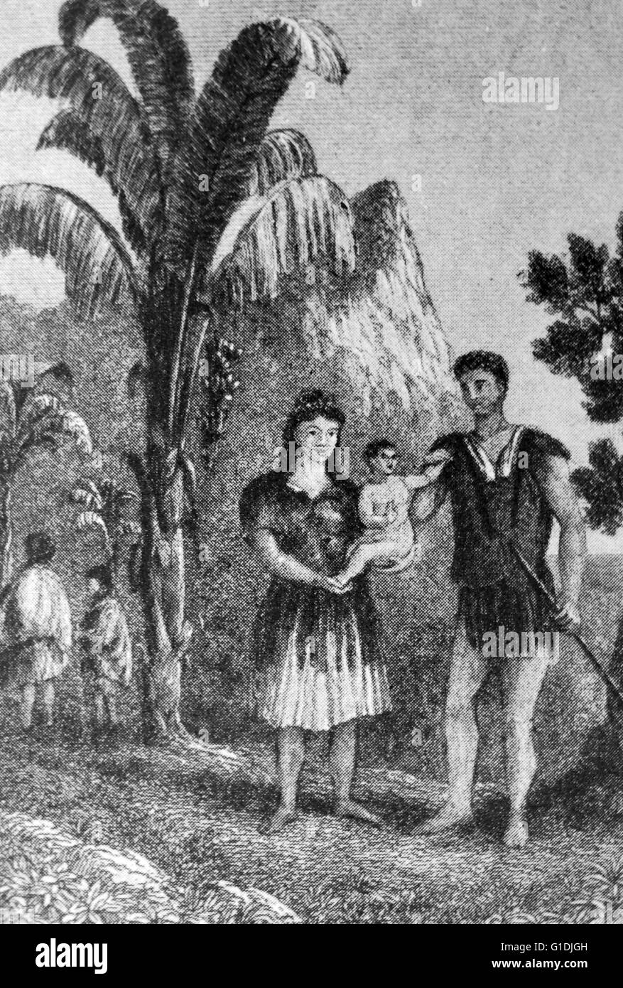 Kinder der Bounty-Meuterer. George Young, Sohn von jungen der Seekadett mit seinem Kind und Frau, Hannah Adams, Tochter von John Adams. Stockfoto