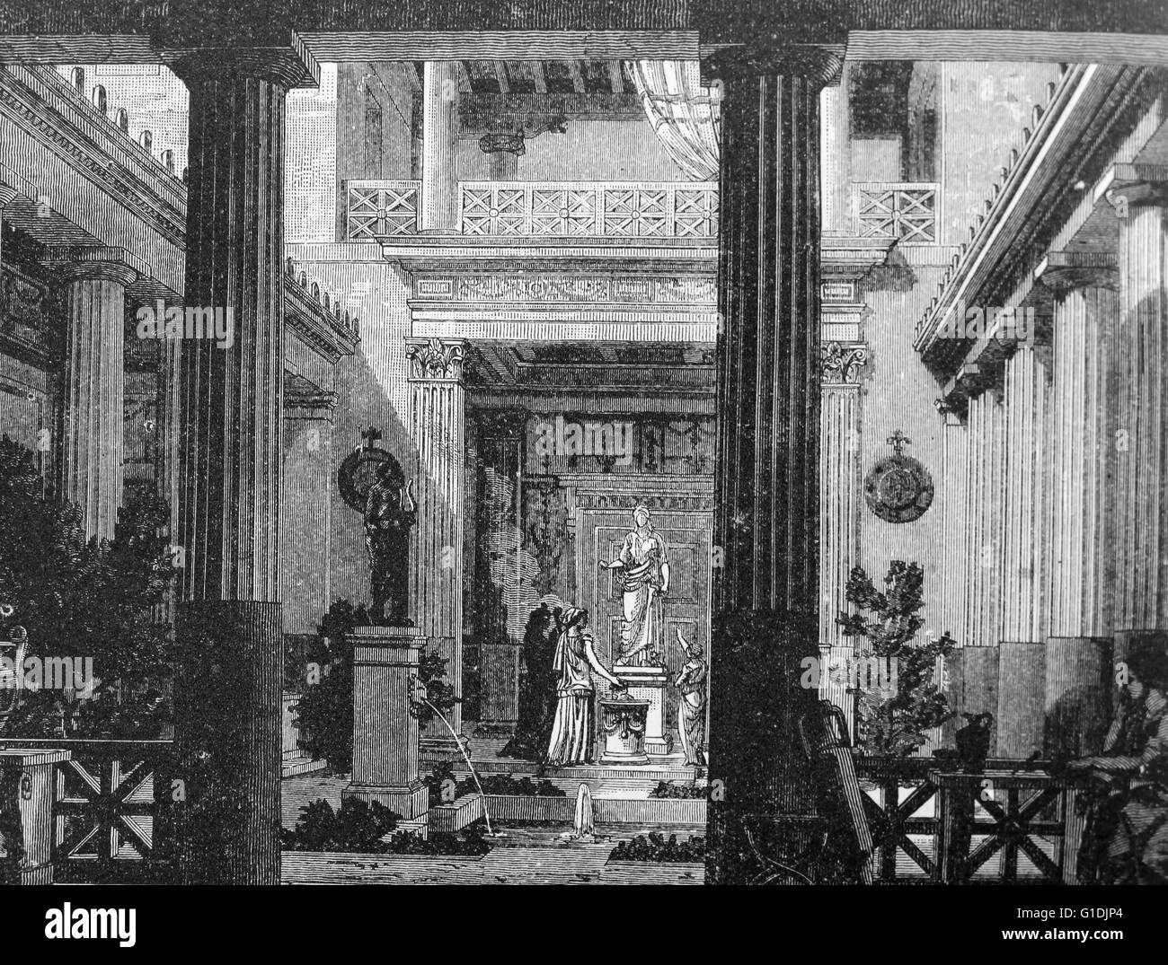 Abbildung zeigt den inneren Hof von einem griechischen Haus mit einer Statue der Göttin Hestia Stockfoto