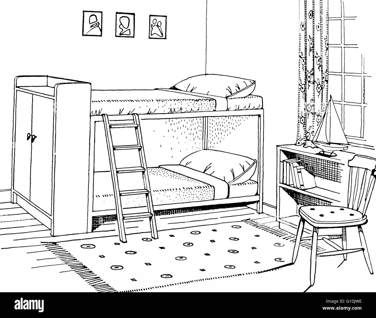 Interior Design für ein Kinderzimmer mit Etagenbetten. Britische Interieur, 1948. Stockfoto
