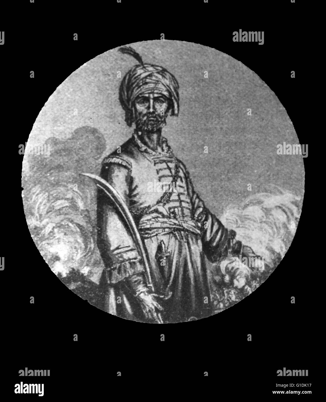 Illustriertes Porträt von Hyder Ali Khan, Haidar? l? (1721 - 1782) He Sultan und de-facto-Herrscher über das Königreich von Mysore im Süden Indiens. Vom 18. Jahrhundert Stockfoto