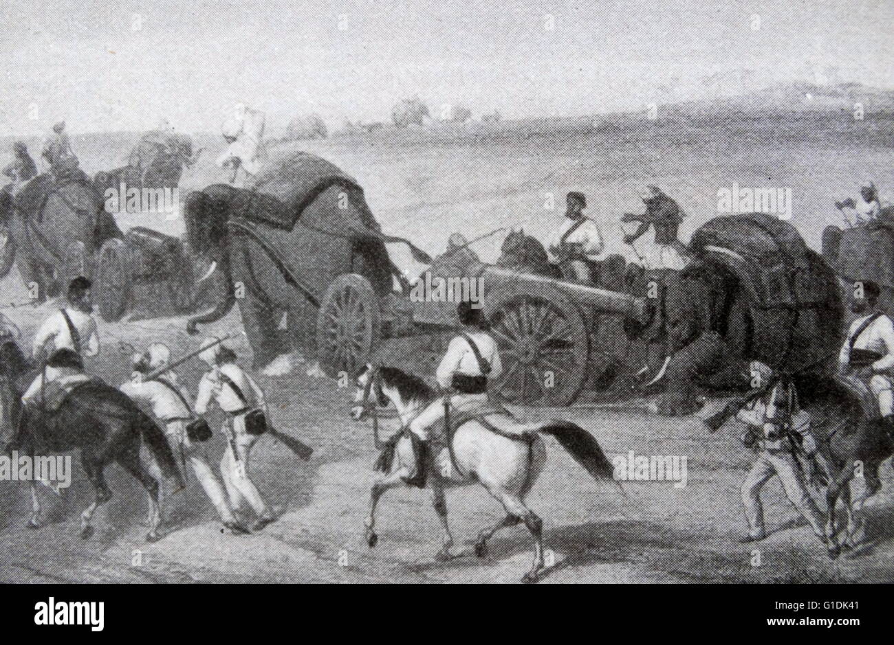 Szene aus der Schlacht von Ferozeshah zwischen den Briten und den Sikhs, im Dorf Ferozeshah in Punjab. Datiert 1845 Stockfoto