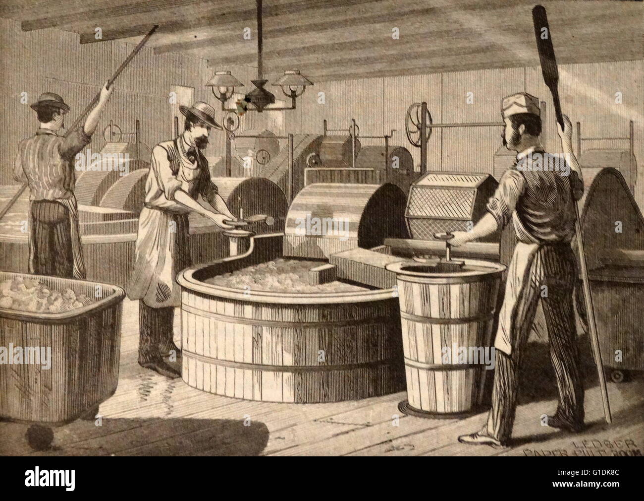 Darstellung der Herstellung von Leinen Papier Gravur Stockfoto