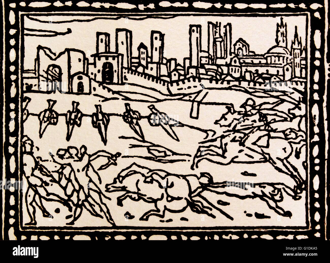 Darstellung einer Szenenverlaufs aus der Schlacht Camollia Holzschnitt. Stockfoto