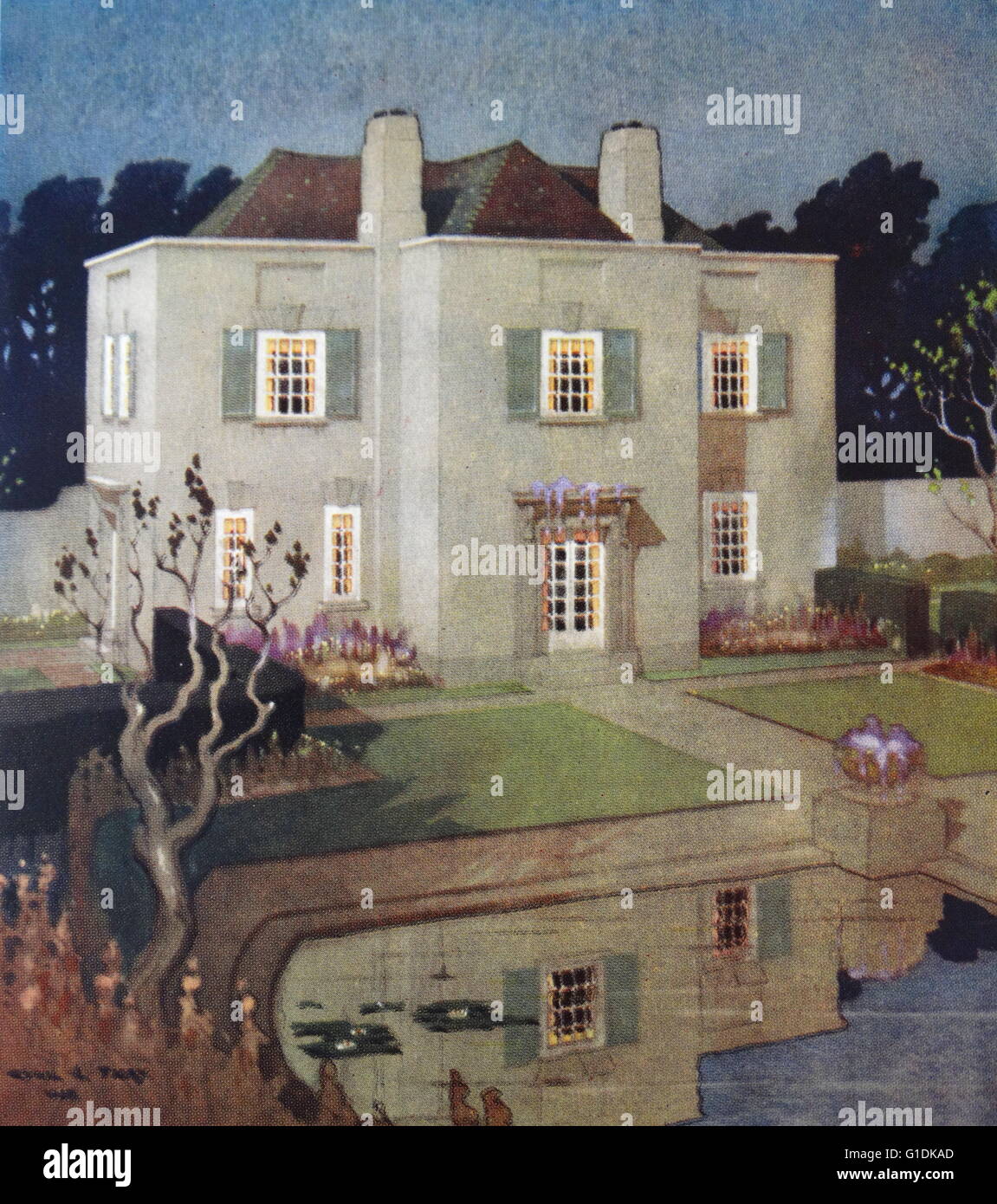Gemälde eines modernen englischen Hauses. Vom 20. Jahrhundert Stockfoto