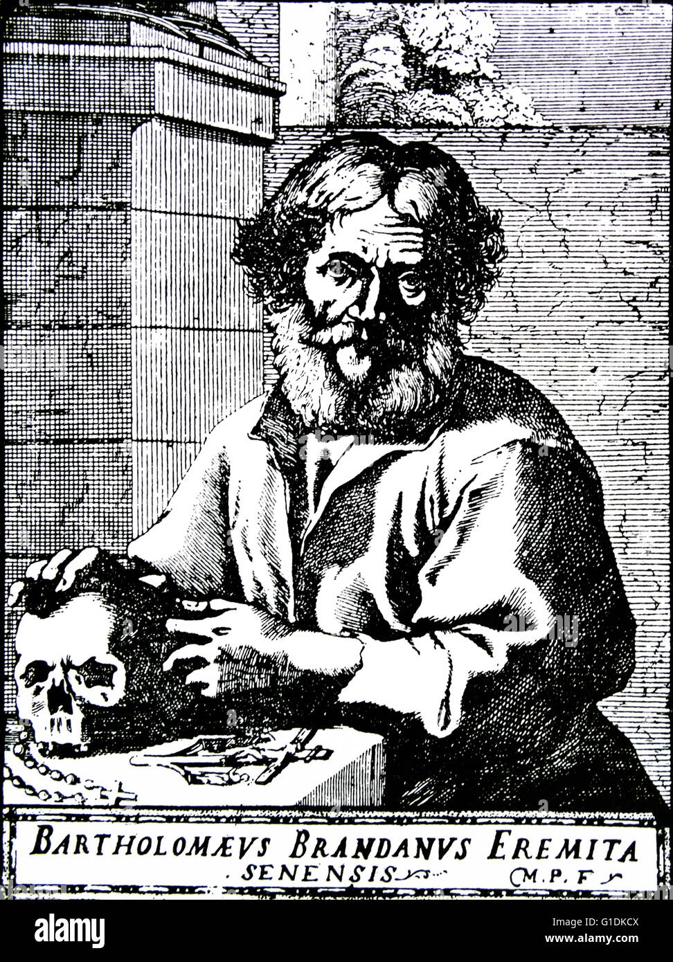 Gravur, die Darstellung der verrückten Bartholomäus von Petroio (1488-1527) ein italienischer Einsiedler und Prediger. Datiert aus dem 16. Jahrhundert Stockfoto