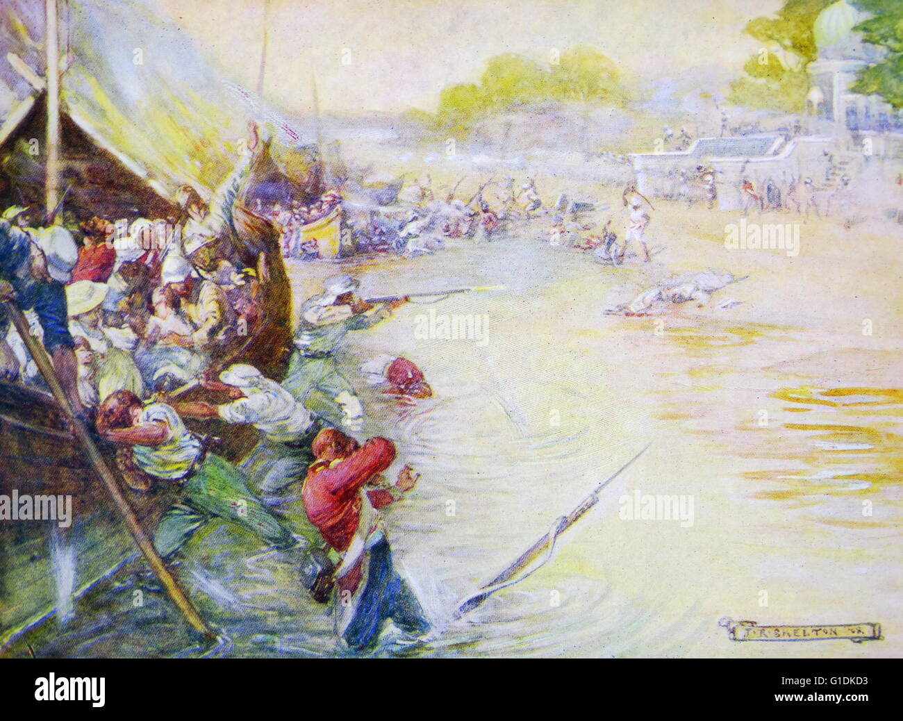 Gemälde, Soldaten und ihre Boote stecken im Schlamm des britischen Künstlers Joseph Ratcliffe Skelton (1865-1888). Datiert 1880 Stockfoto