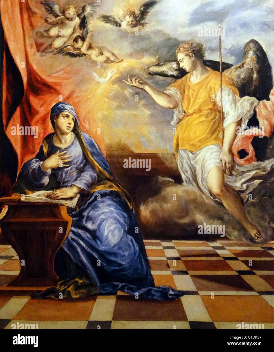 Gemälde "Verkündigung" die christliche Feier der Ankündigung durch den Engel Gabriel an die Jungfrau Maria zu begreifen und die Mutter von Jesus, der Sohn Gottes, Kennzeichnung seiner Inkarnation zu werden. Von El Greco Stockfoto