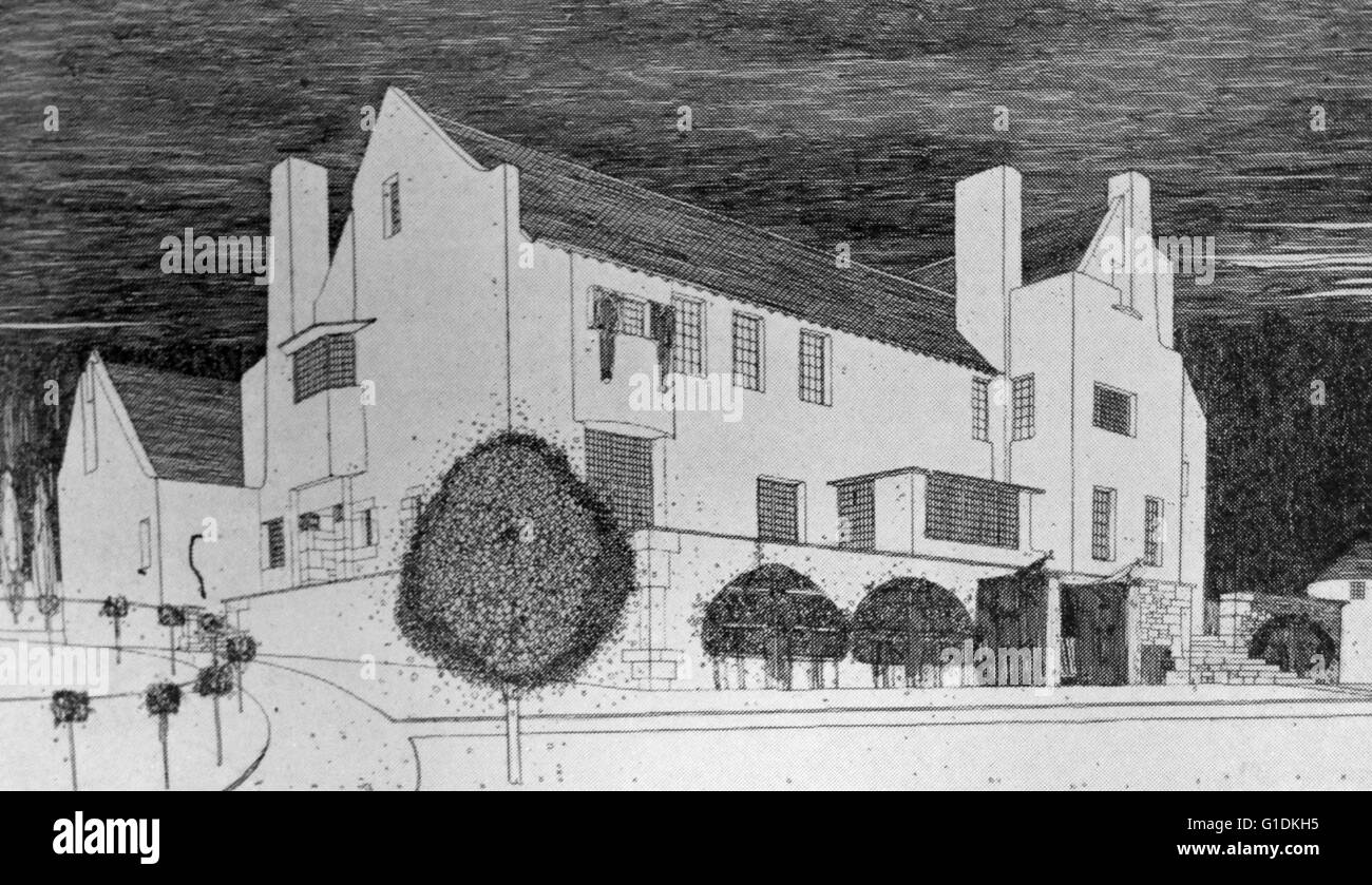 Zeichnung der Hill House, erbaut Helensburgh 1903. Gezeichnet von Charles Rennie Mackintosh (1868 – 1928), schottischer Architekt, Designer, Wasser Kolorist und Künstler. Datiert 1920 Stockfoto