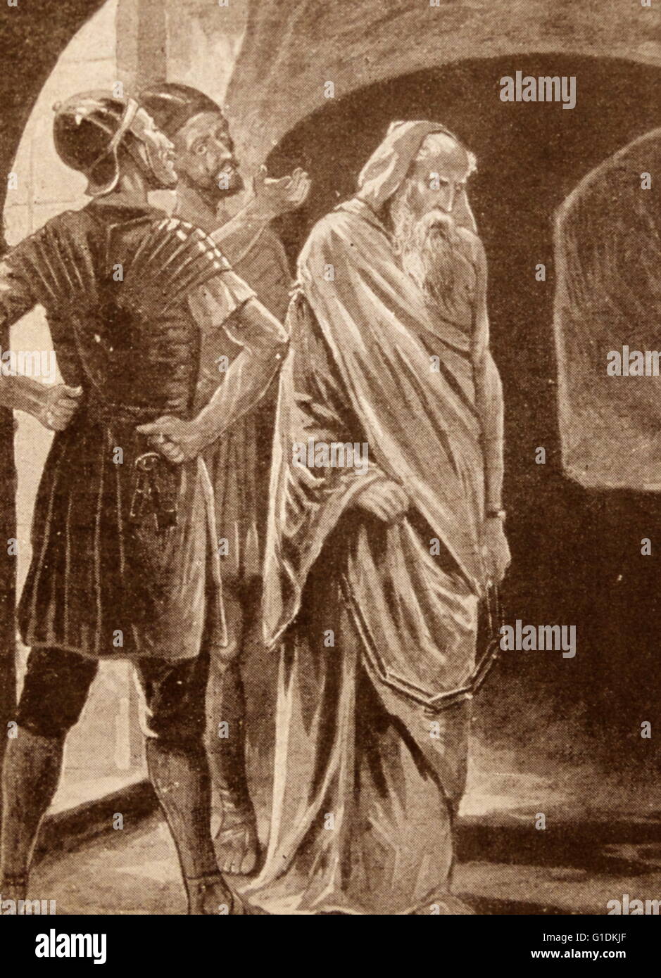 Gemälde, das Martyrium des Origenes (185-254), ein Gelehrter und frühe christliche Theologe, geboren und verbrachte die erste Hälfte seiner Karriere in Alexandria. Stockfoto