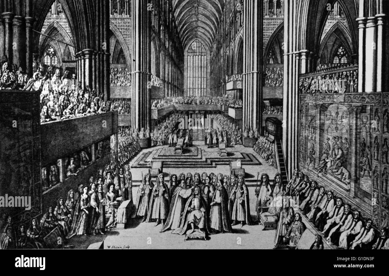 Gravur Darstellung der Krönung von König James II von England (1633-1701) König von England, Irland und Schottland als James VII. Vom 17. Jahrhundert Stockfoto
