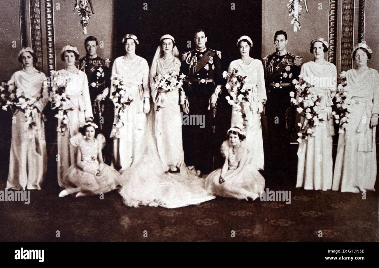 Foto von der Hochzeit von Prinz George, Herzog von Kent (1902-1942) und Prinzessin Marina von Griechenland und Dänemark (1906-1968). Auch abgebildet ist Prinz Albert Frederick Arthur George (1895 – 1952) und Prinz Henry, Duke of Gloucester (1900-1974). Vom 20. Jahrhundert Stockfoto