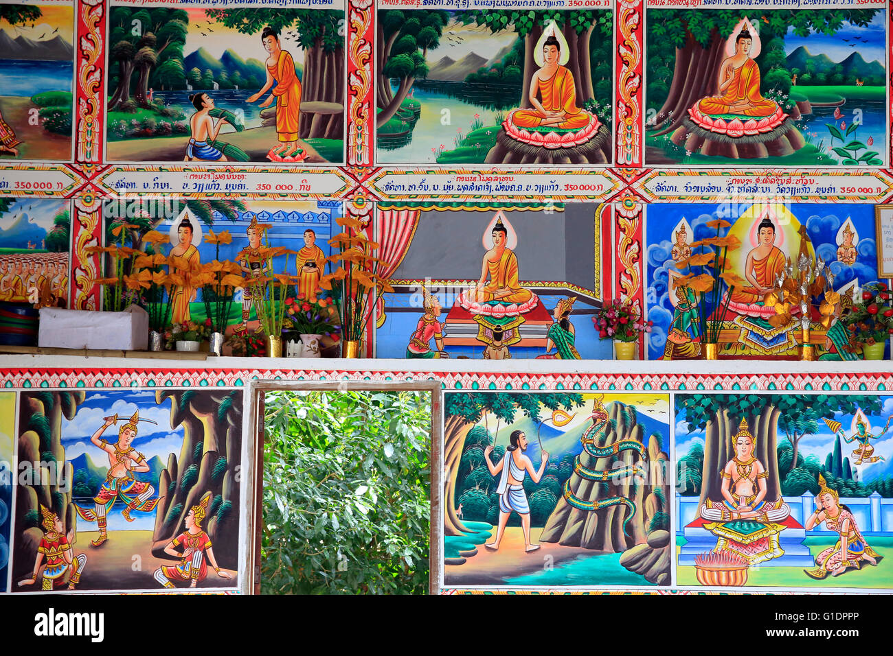 Gemälde, die Lebensgeschichte des Shakyamuni Buddha. Kasi. Laos. Stockfoto