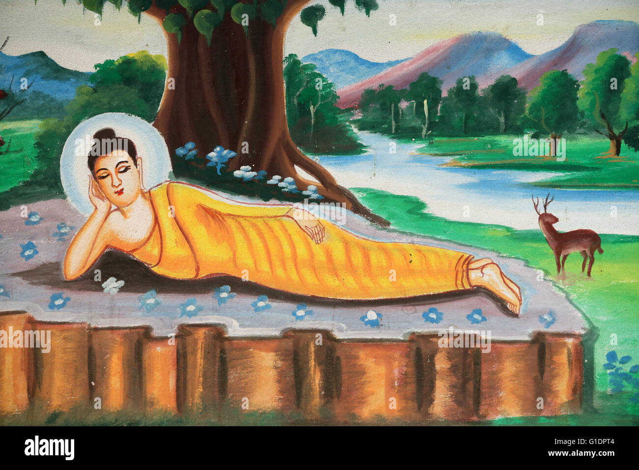 Gemälde, die Lebensgeschichte des Shakyamuni Buddha. Liegender Buddha.  Vang Vieng. Laos. Stockfoto